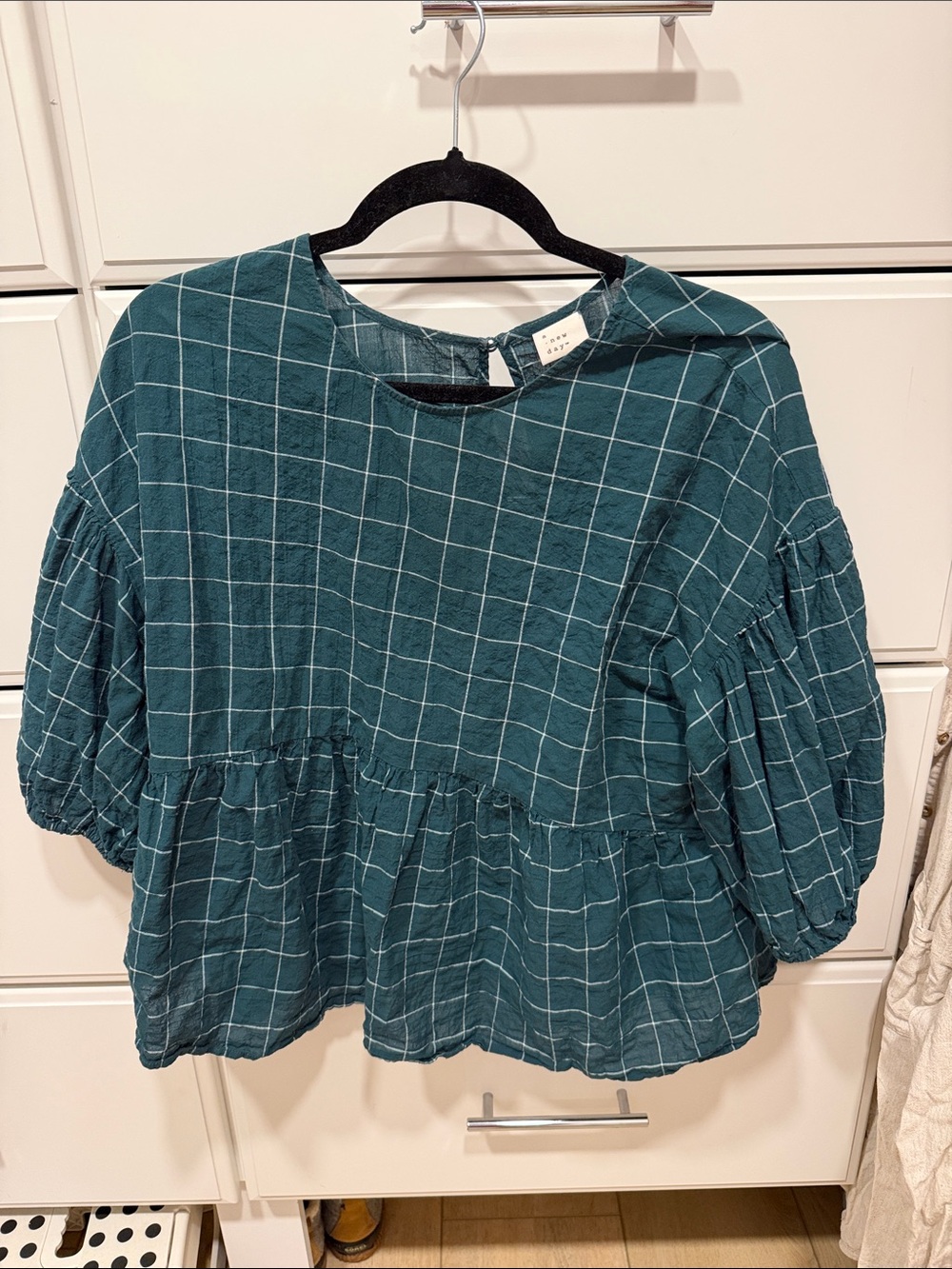 a new day Teal Windowpane Puff Sleeve Peplum Blouse
